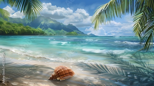 Landscape with shell on tropical beach. Summer concept. 