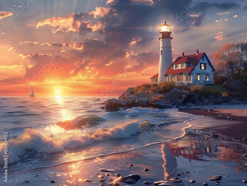 Picturesque coastal village at sunset, with quaint cottages, a lighthouse, and waves gently lapping against the shore, creating a serene atmosphere