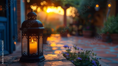 a candle lit on a stone wall in a courtyard