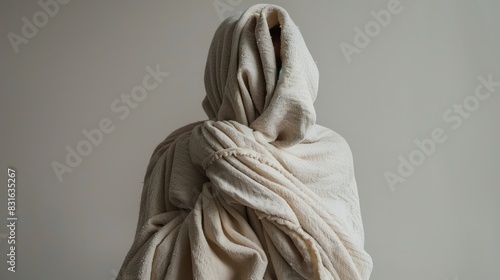 Person wrapped in soft, cozy beige blanket creating a ghost-like figure against a neutral background.