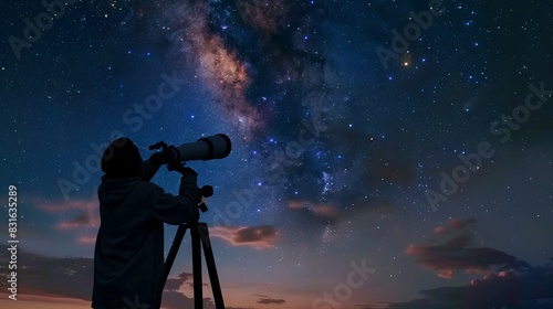 Silhouette of astronomer using a telescope to observe the Milky Way galaxy in a clear night sky, capturing the beauty of the cosmos and stars.