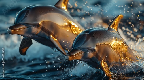 two dolphins in the water with golden light coming from their mouths