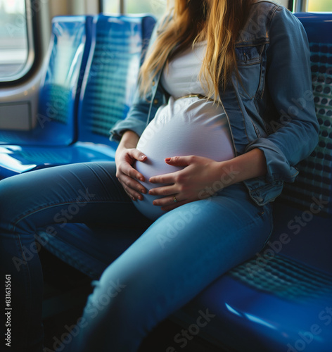 公共交通で移動している妊娠した女性