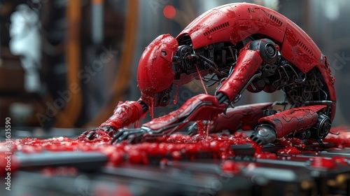 a red robot sitting on top of a table covered in blood
