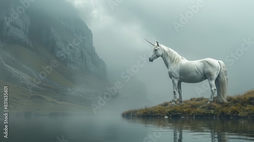 a white horse standing on a grassy island next to a body of water