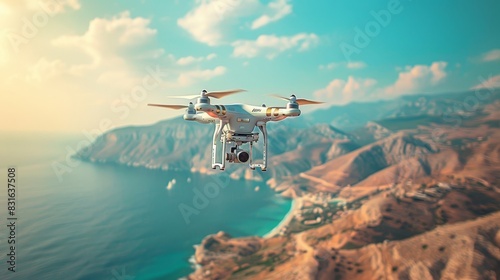 a white drone flying over a mountain and ocean
