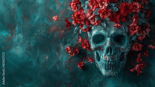 Fantasy human head skull with red flower decoration. Mystical, scary is synonymous with the supernatural world.