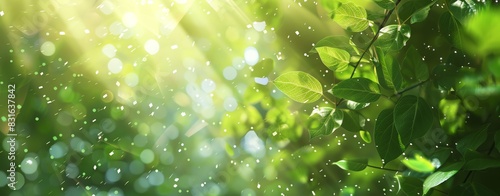 Abstract green nature background with sunlight and forest, blurred leaves and plants in sunny day, banner for environment concept design, ecology wallpaper
