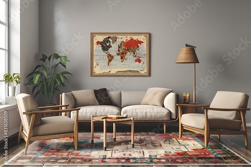 Frame mockup with a vintage travel poster, invoking wanderlust in a globally-inspired living room.