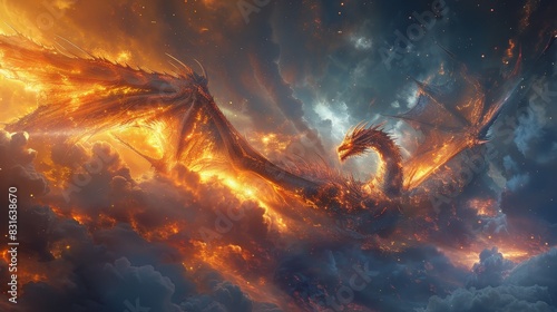 a large fire breathing dragon flying through the sky