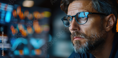 Close-up portrait of a businessman wearing glasses seriously looking at a laptop computer screen analyzing statistical charts of stock market investing and thinking about investment risk analysis.