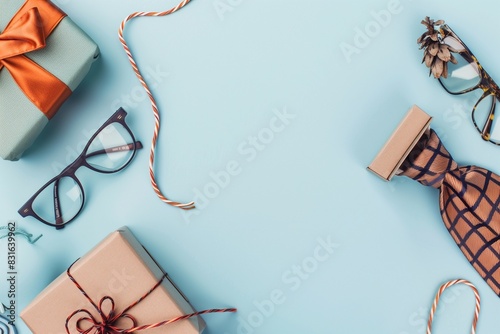 : Father's Day flat lay background with necktie, glasses, and gift box on light blue. Perfect for promotions, shopping, and expressing love for dad.