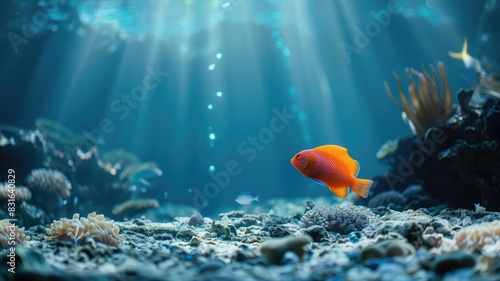 Vibrant orange fish swimming in sunlit underwater coral reef scene