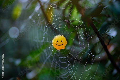 Glistening dewdrop emoji on a spider web
