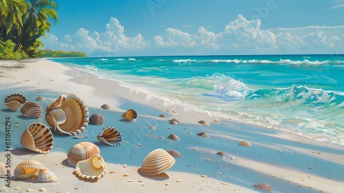 Landscape with shell on tropical beach. Summer concept. 