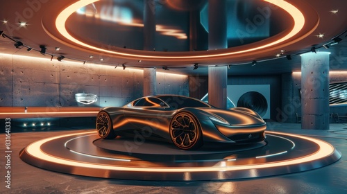 3D rendering futuristic electric car on showroom circular neon light