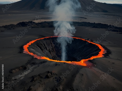 Volcanic mountain with a smoking crater and lava flows, barren landscape, dramatic scenery, geological wonder, generative AI