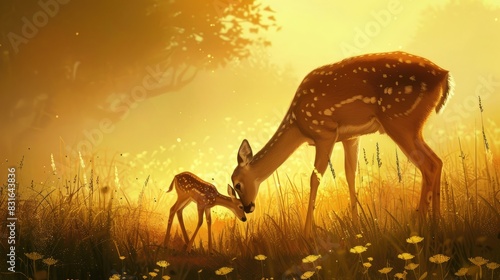 Mother deer and fawn grazing together