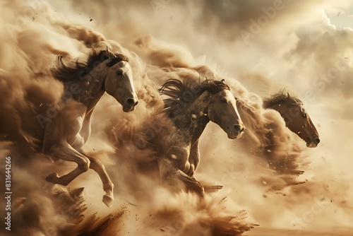 Horse racing track with horses neck-and-neck, kicking up dust clouds in the shape of mythical creatures.