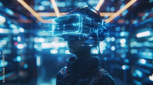 A reporter wearing a headset standing in the middle of a virtual warzone describing the intensity of the situation using holographic projections.