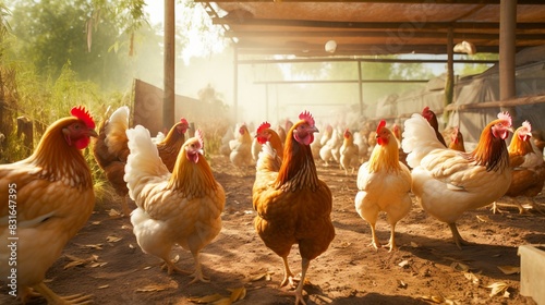 A group of chickens in a sunlit farm enclosure, showcasing farm life and poultry handling under a bright, natural setting.