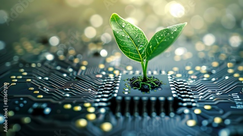 A small green plant growing on a microchip in a circuit board, symbolizing the connection between nature and technology.