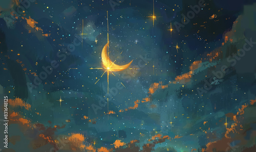 Bright Crescent Moon in Starry Night Sky with Clouds
