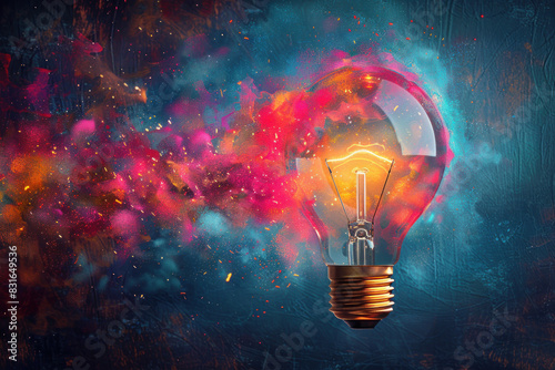 A light bulb is lit up in a colorful explosion of sparks. Concept of energy and excitement, as if the light bulb is bursting with creativity and inspiration. The vibrant colors of the sparks