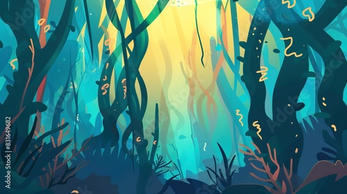Enchanted kelp forest flat design front view, sunrise, animation, analogous color scheme 