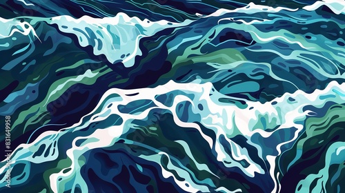 Churning waves around reef flat design top view, stormy seas, water color, tetradic color scheme 