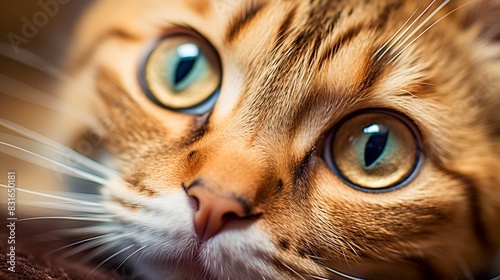 Close-up of a Bengal cat with striking green eyes, showing intricate fur patterns and a calm expression. Perfect for pet and animal-themed projects.