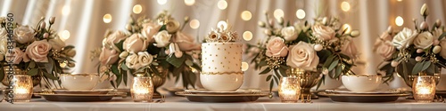 A white and gold cake with party decorations that could be for a wedding reception or a fancy birthday party. 