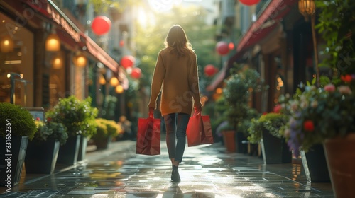 Woman Shopping with Red Bags in Outdoor Market. Woman carrying red shopping bags walking through an outdoor market with greenery and red lanterns, reflecting a serene shopping experience.