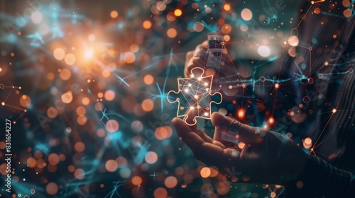 A person holding up a puzzle piece connected to a larger network signifying the role of individuals in contributing their healthcare data to the blockchain network for the greater good.