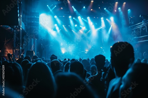 A crowd of people enjoys an electrifying concert under vibrant blue stage lights, capturing the energy and excitement of live music.