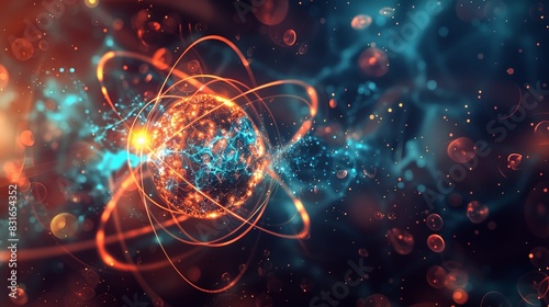 Atomic structure concept with glowing particles, dynamic energy, and vibrant colors in a scientific illustration.