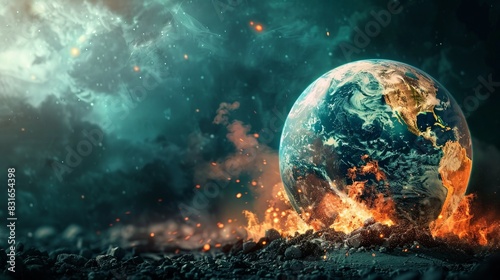 Digital illustration of a burning earth engulfed in fiery destruction against a dark, stormy sky background. Concept of apocalypse and climate crisis.