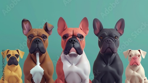Dog breeds flat design front view pets 3D render Tetradic color scheme