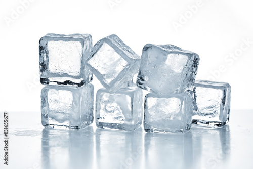 Crystal clear ice cubes on white background