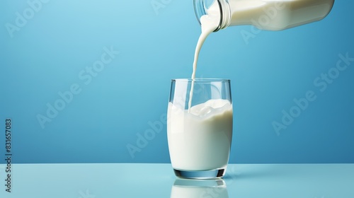 Pouring fresh milk from a bottle into a glass against a blue background, capturing the wholesome essence of dairy refreshment.