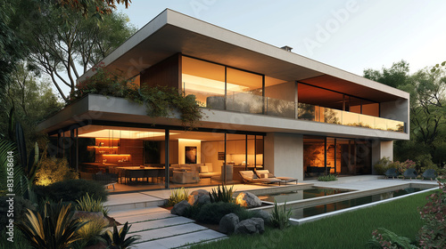 modern brazilian house facede, white concrete, wood, steel and glass matireals, urban enviroment, tropical paisagism, sunset ligth.