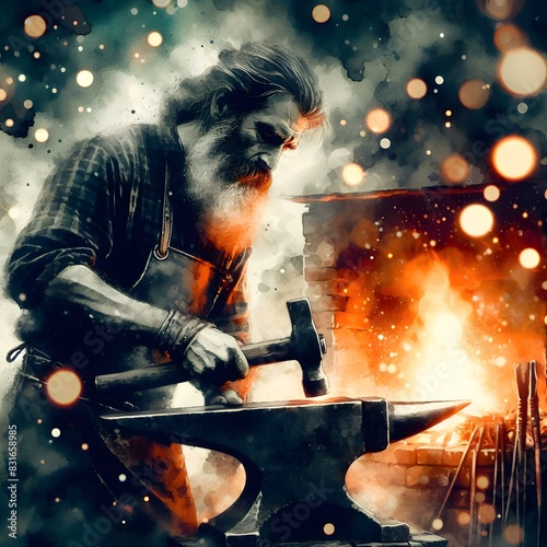 Blacksmith at work hitting an anvil with a hammer