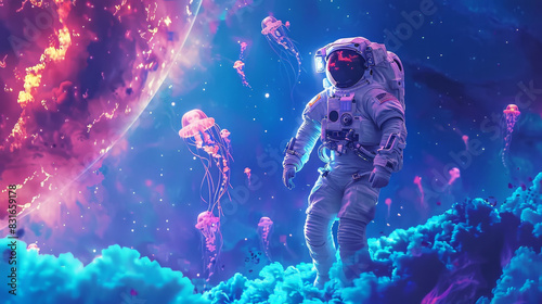 In the deep sea, there is an astronaut standing on top of jellyfishes floating in blue water. The sky above them glows with stars and nebulae. A group of glowing jelly fish floats around him
