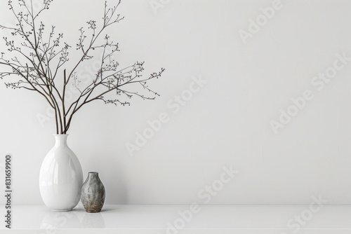A white vase with a branch in it sits on a white shelf. The image has a minimalist feel to it, with the white vase and shelf being the only objects in the scene