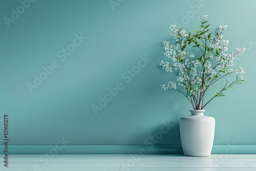 A white vase with white flowers sits on a wooden table in front of a blue wall. The vase is the main focus of the image, and the blue wall serves as a backdrop