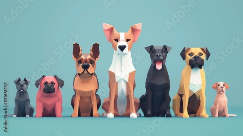 Dog breeds flat design front view pets 3D render Tetradic color scheme