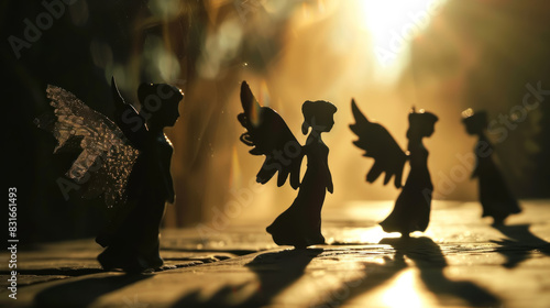 Silhouetted angel statues, gentle backlighting
