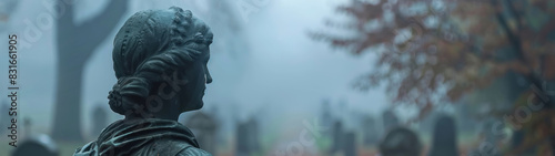 Foggy graveyard statues, eerie atmosphere