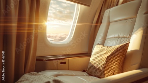 Comfortable airplane seat with pillows, window view of sun shining, perfect for travel relaxation and business trips