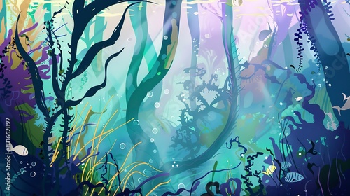 Enchanted kelp forest flat design side view, underwater fantasy, water color, analogous color scheme
